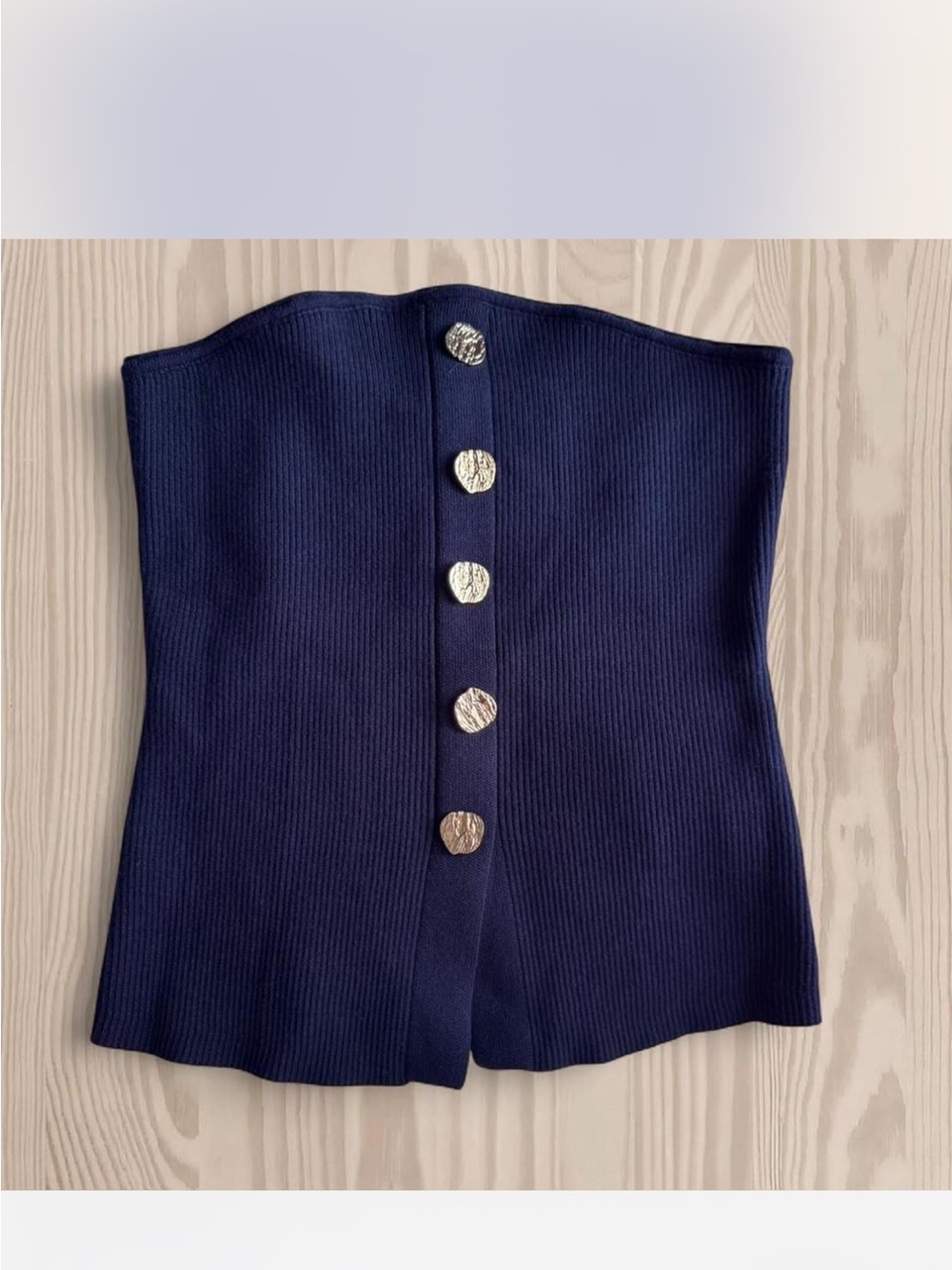 Strapless Knit Button-Front Top - Navy - Picture 6 of 7